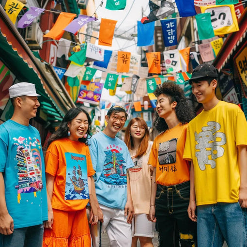 Diverse group wearing Incheon-inspired graphic tees in an urban setting, showcasing cultural and artistic expression