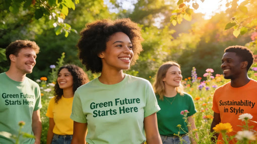 Diverse group wearing eco-friendly t-shirts in nature, representing sustainable fashion choices