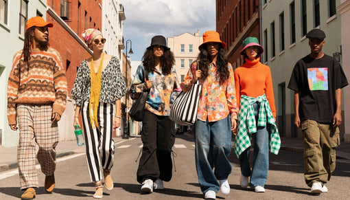 Diverse individuals in unique print-on-demand clothing representing sustainable fashion and self-expression