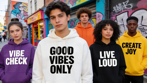 Diverse group of young adults wearing stylish catchphrase hoodies in an urban setting