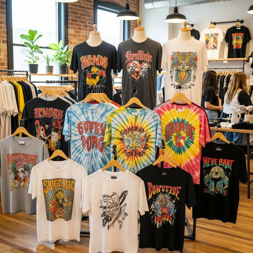 A collection of graphic t-shirts representing the evolution of design from vintage to modern styles