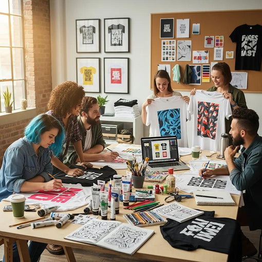 Artists collaborating on t-shirt designs in a creative workspace, showcasing vibrant mockups and art supplies