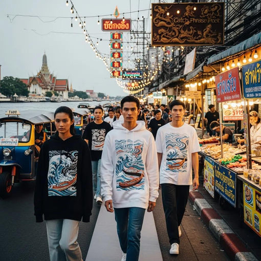 Bangkok street scene with models in poetry-inspired fashion apparel near the Chao Phraya River