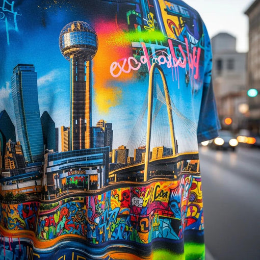 Close-up of a graphic tee design inspired by Dallas architecture and street art, highlighting local creativity
