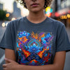 Close-up of a graphic tee with vibrant artistic design, symbolizing self-expression in a creative urban setting.