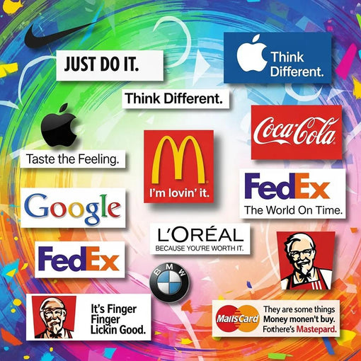 Collage of iconic brand logos and catchphrases representing brand identity and consumer engagement