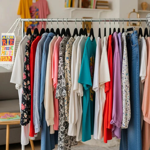Colorful affirmation apparel and unique graphic tees displayed in a cozy room, representing personal style and creativity