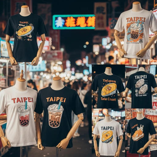Colorful Taipei street food graphic tees displayed in a lively night market, featuring iconic food motifs and vibrant neon lights