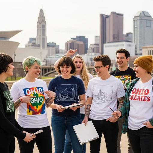 Creative Ohioans wearing custom graphic tees in a lively Columbus setting, showcasing self-expression through fashion