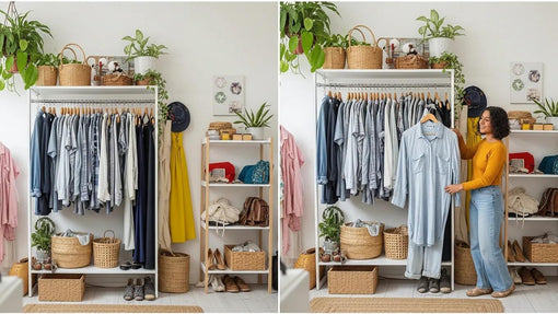 Diverse eco-friendly clothing options in a vibrant wardrobe, reflecting sustainable fashion choices