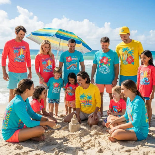 Diverse group enjoying the beach in colorful custom apparel reflecting surf culture and coastal life
