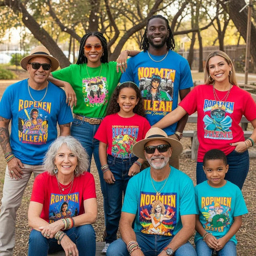 Diverse group of individuals wearing bold graphic tees, showcasing styles for different generations in a vibrant outdoor setting