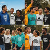 Diverse group of individuals wearing motivational apparel featuring famous catchphrases, embodying creativity and positivity