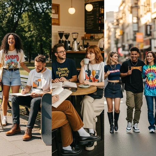 Diverse group of individuals wearing stylish graphic tees in various casual settings