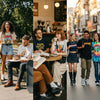Diverse group of individuals wearing stylish graphic tees in various casual settings