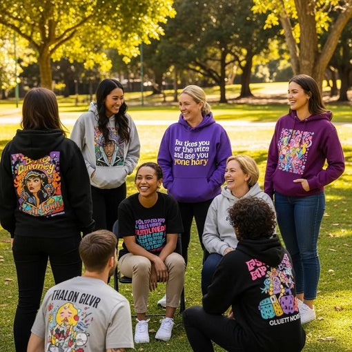 Diverse group of people in Brisbane wearing colorful custom graphic apparel, showcasing positivity and self-expression