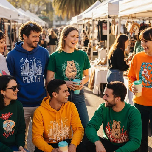 Diverse group of people in Perth wearing unique artistic graphic tees, showcasing self-expression through fashion