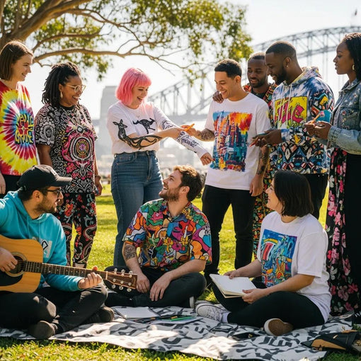 Diverse group of people in Sydney wearing colorful artistic clothing, showcasing self-expression and positivity