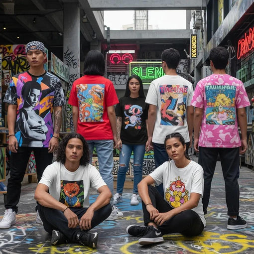 Diverse group of people wearing trendy t-shirts showcasing artistic designs in an urban setting