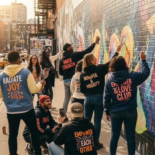 Diverse group wearing affirmation streetwear in an urban setting, promoting positivity and self-empowerment