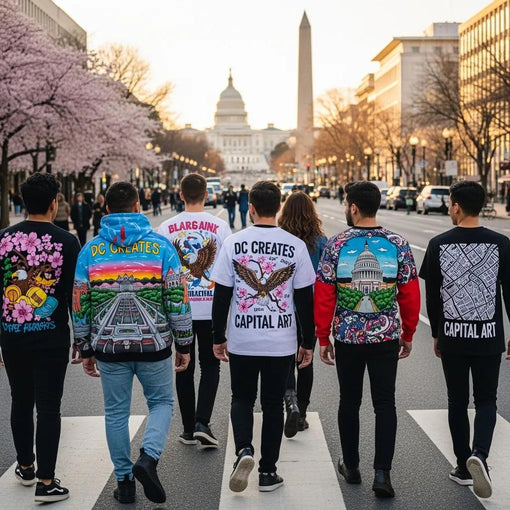 Diverse group wearing artistic custom apparel inspired by Washington DC, showcasing unique designs and vibrant colors