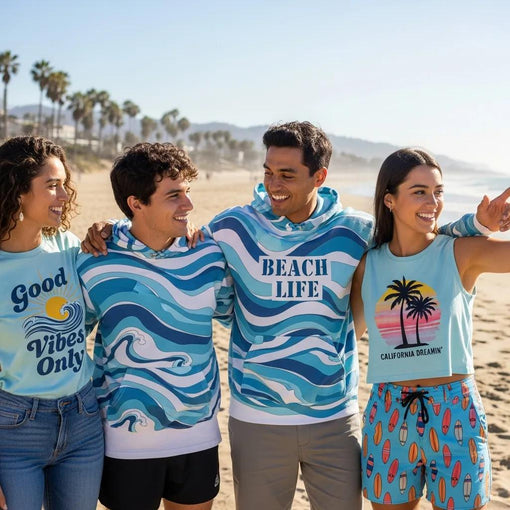 Diverse group wearing beach-inspired custom apparel in San Diego, showcasing uplifting messages and artistic designs