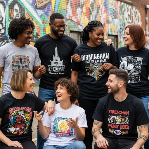 Diverse group wearing Birmingham-inspired custom graphic tees in an urban setting