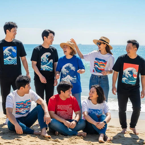 Diverse group wearing Busan-inspired graphic apparel at the beach, showcasing coastal motifs and vibrant colors