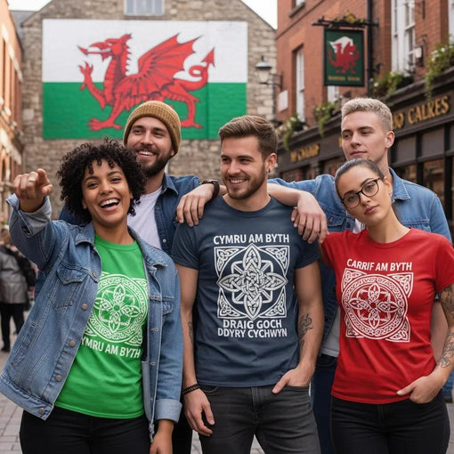 Diverse group wearing Cardiff Welsh graphic tees in an urban setting, showcasing Celtic motifs and local pride