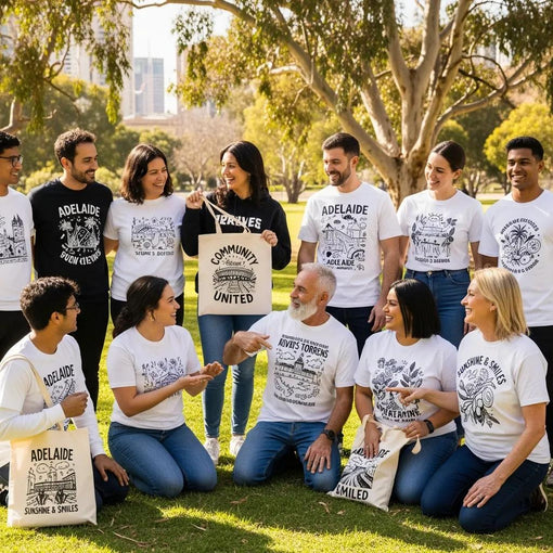 Diverse group wearing custom apparel with positive messages in a sunny Adelaide park, showcasing community and artistic designs