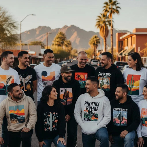 Diverse group wearing custom graphic apparel in Phoenix, showcasing unique designs and vibrant colors