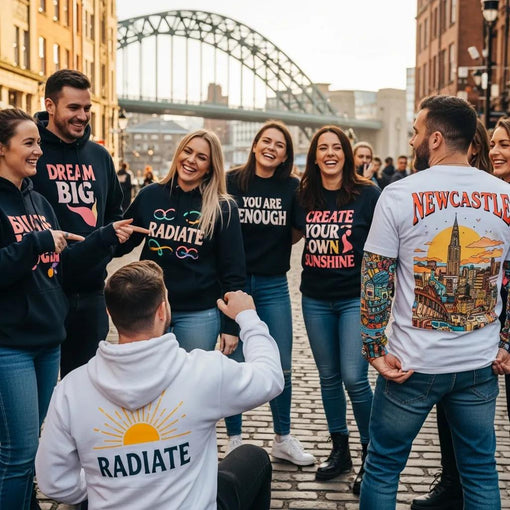 Diverse group wearing custom graphic tees and affirmation hoodies in Newcastle, showcasing positive vibes and personal expression