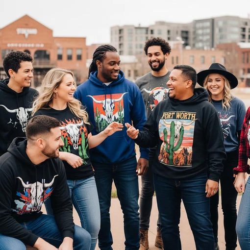 Diverse group wearing custom graphic tees and hoodies in a Fort Worth setting, showcasing Western-inspired designs