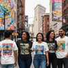 Diverse group wearing custom graphic tees in New York, showcasing positive messages and artistic designs