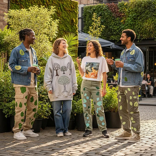 Diverse group wearing eco-friendly streetwear in an urban environment, highlighting sustainable fashion