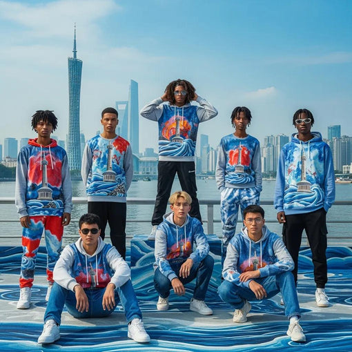 Diverse group wearing Guangzhou-inspired artistic apparel against the backdrop of Canton Tower and Pearl River