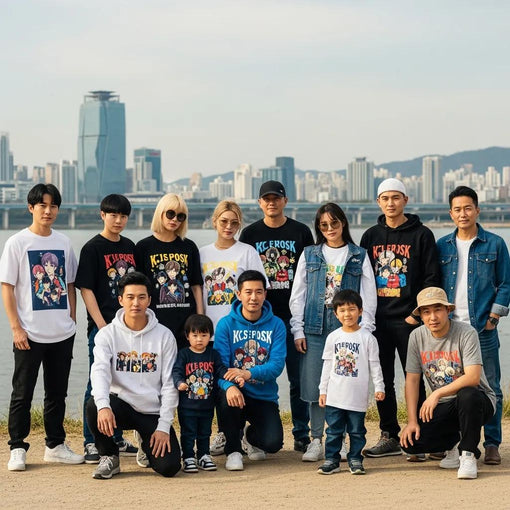 Diverse group wearing K-Pop inspired clothing by the Han River in Seoul, showcasing custom apparel and streetwear aesthetics