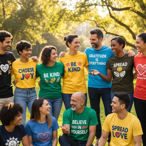 Diverse group wearing motivational t-shirts in a sunny park, embodying positivity and gratitude