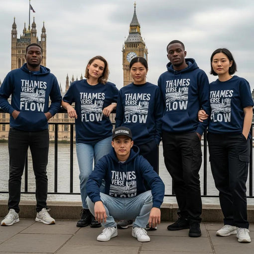Diverse group wearing Thames Verse Flow apparel against iconic London backdrop, showcasing artistic designs