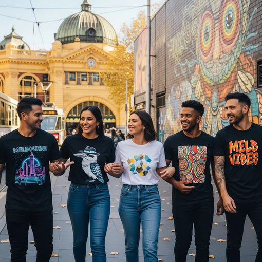 Diverse group wearing unique graphic tees in Melbourne, showcasing creative expression and local culture