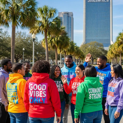 Diverse group wearing uplifting custom graphic tees in Jacksonville, Florida, showcasing positivity and community spirit