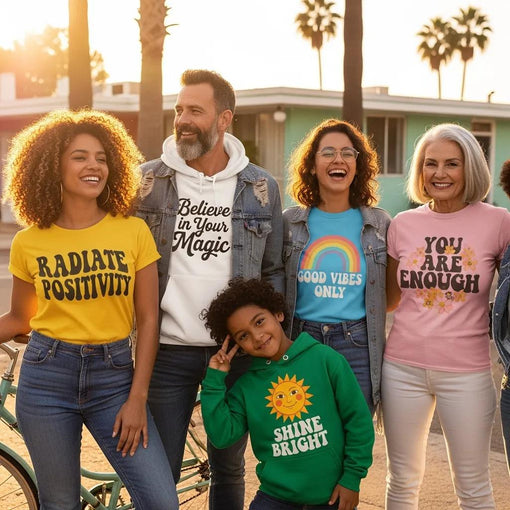 Diverse group wearing vintage affirmation clothing outdoors, showcasing positivity and self-expression