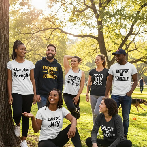 Diverse individuals in affirmation clothing outdoors, showcasing empowerment and self-expression