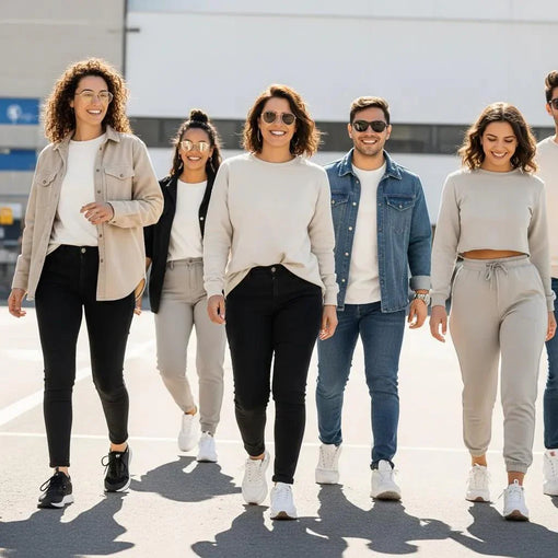 Diverse individuals in affirmation streetwear showcasing a stylish capsule wardrobe