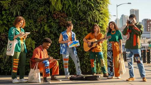 Diverse individuals in artistic sustainable streetwear showcasing eco-friendly fashion in an urban environment