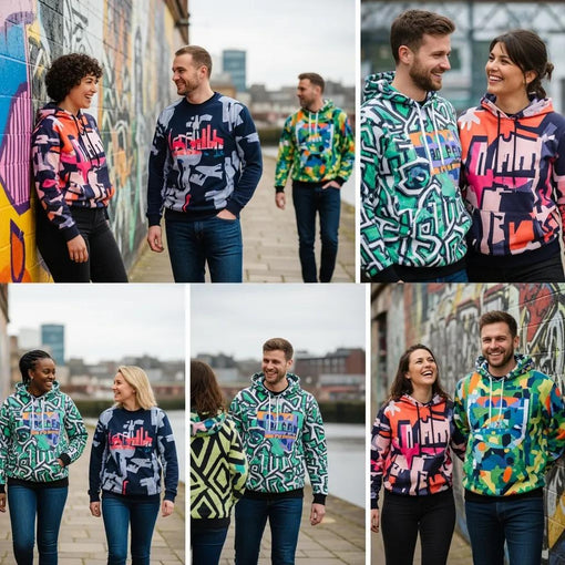 Diverse individuals in Glasgow wearing bold Scottish graphic tees and hoodies, showcasing artistic expression and urban culture