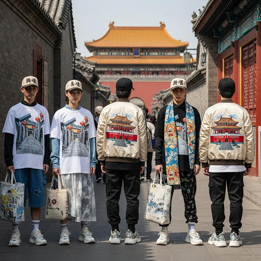 Diverse individuals in Hutong-inspired fashion apparel against a backdrop of traditional Beijing architecture