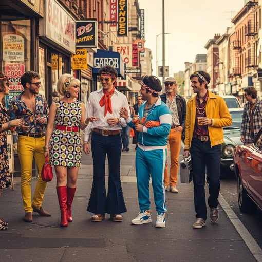 Diverse individuals in retro fashion showcasing 1960s, 70s, and 80s styles on a vibrant urban street