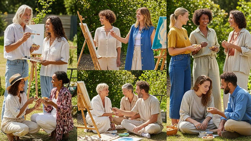 Diverse individuals in sustainable clothing enjoying creative activities outdoors, embodying the spirit of conscious fashion