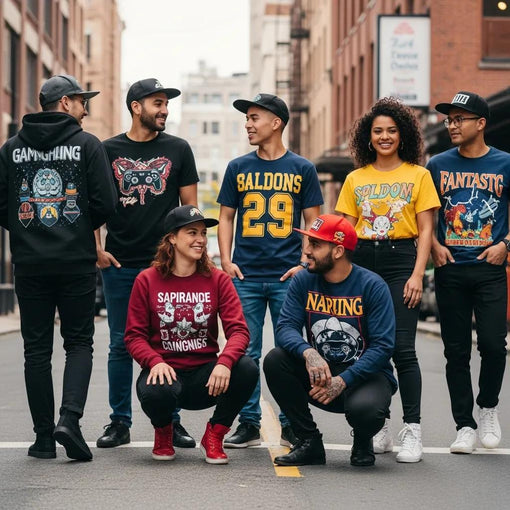 Diverse individuals in unique niche interest clothing showcasing hobbies and passions in an urban setting
